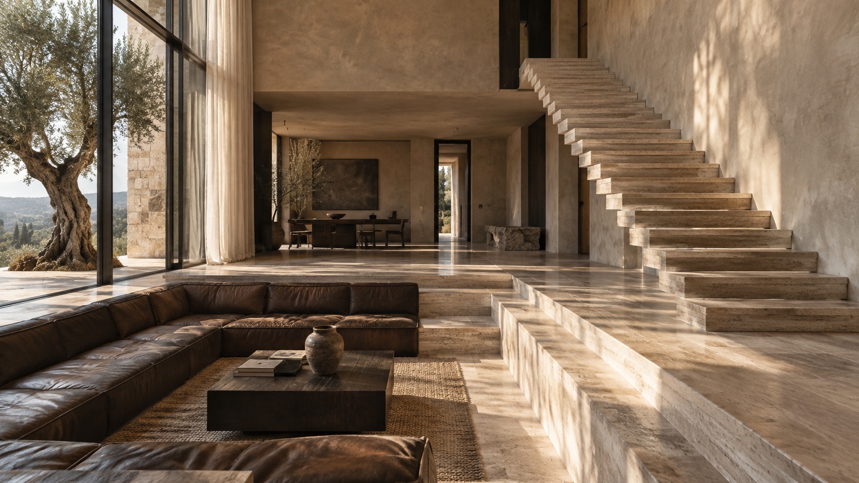 Scala in travertino, luce naturale e arredi in legno scuro